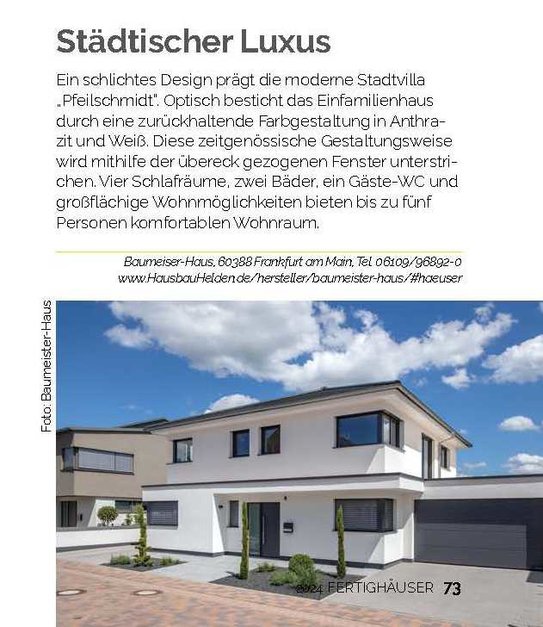 Am 30. Oktober 2023 wird das Haus Pfeilschmidt, Fertighäuser 2024, als Kubisch-effizient vorgestellt.